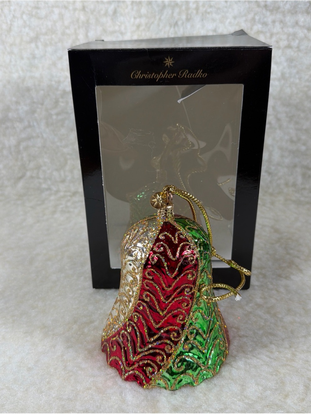 Vintage Christopher Radko Gilded Chimes Red Green Silver Bell Ornament
